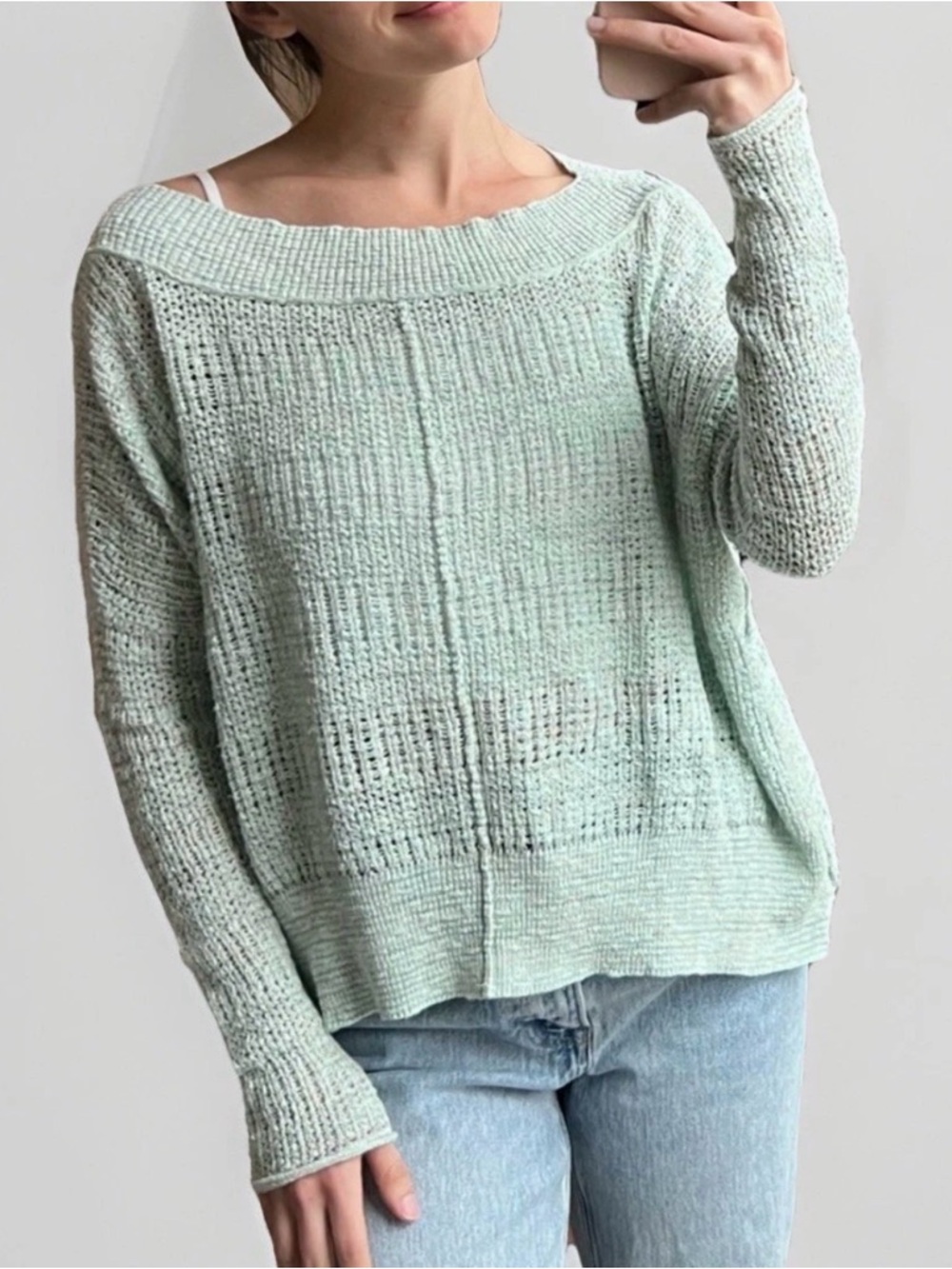 Free People Mint Open-Knit Off-the-Shoulder Sweater